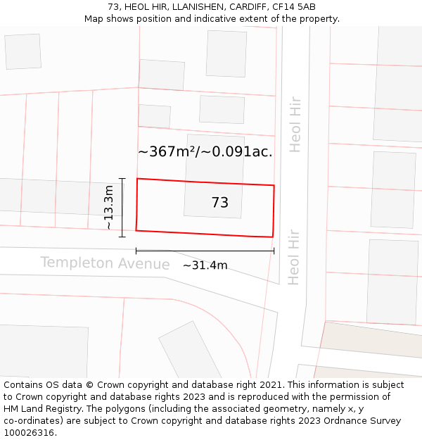 73, HEOL HIR, LLANISHEN, CARDIFF, CF14 5AB: Plot and title map