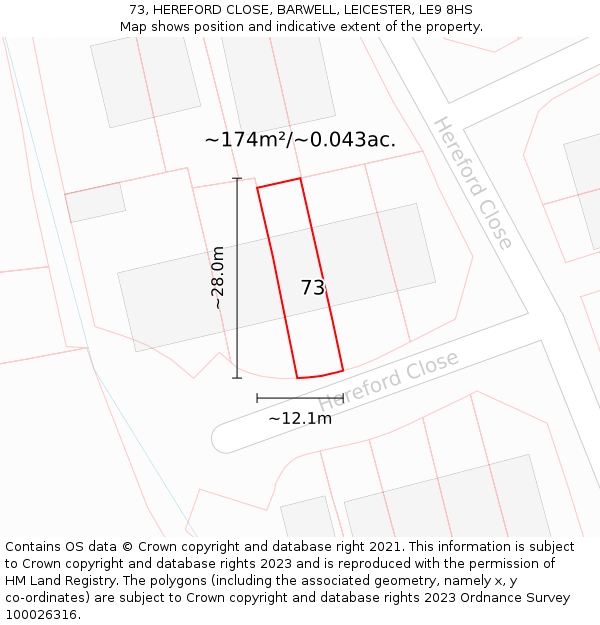 73, HEREFORD CLOSE, BARWELL, LEICESTER, LE9 8HS: Plot and title map