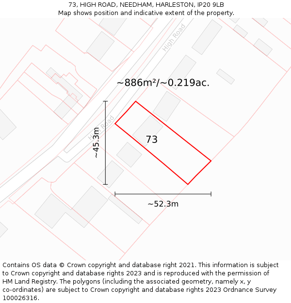 73, HIGH ROAD, NEEDHAM, HARLESTON, IP20 9LB: Plot and title map