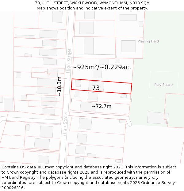 73, HIGH STREET, WICKLEWOOD, WYMONDHAM, NR18 9QA: Plot and title map