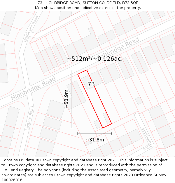 73, HIGHBRIDGE ROAD, SUTTON COLDFIELD, B73 5QE: Plot and title map