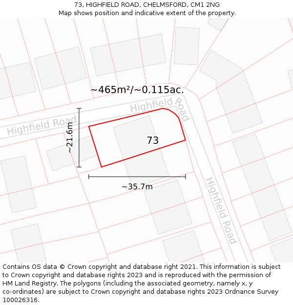 73, HIGHFIELD ROAD, CHELMSFORD, CM1 2NG: Plot and title map