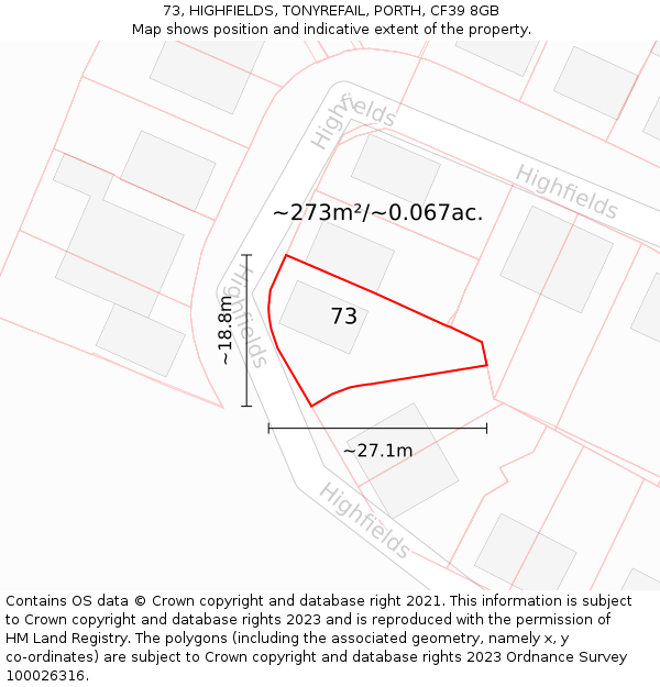 73, HIGHFIELDS, TONYREFAIL, PORTH, CF39 8GB: Plot and title map