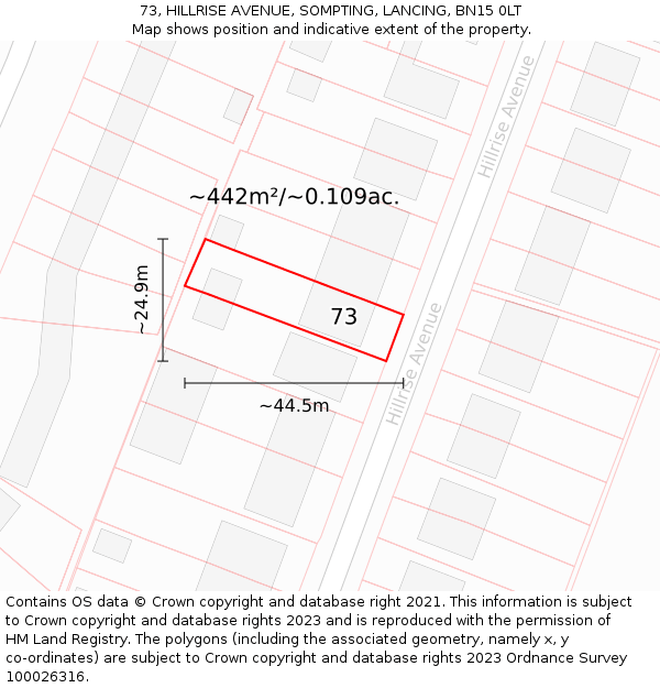 73, HILLRISE AVENUE, SOMPTING, LANCING, BN15 0LT: Plot and title map