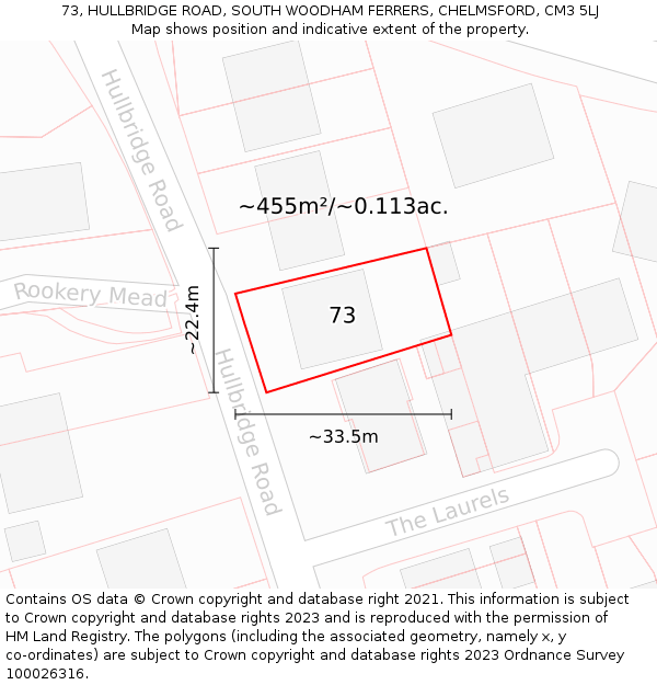 73, HULLBRIDGE ROAD, SOUTH WOODHAM FERRERS, CHELMSFORD, CM3 5LJ: Plot and title map