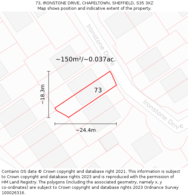 73, IRONSTONE DRIVE, CHAPELTOWN, SHEFFIELD, S35 3XZ: Plot and title map