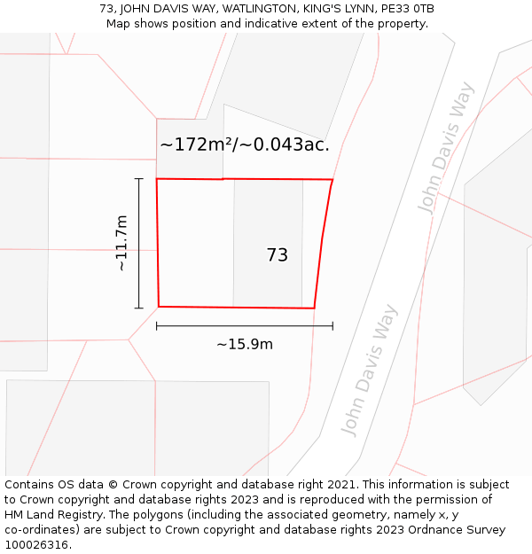 73, JOHN DAVIS WAY, WATLINGTON, KING'S LYNN, PE33 0TB: Plot and title map