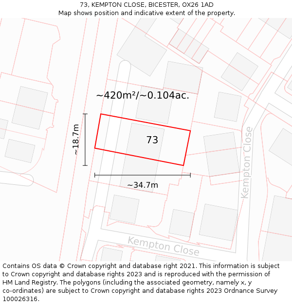 73, KEMPTON CLOSE, BICESTER, OX26 1AD: Plot and title map
