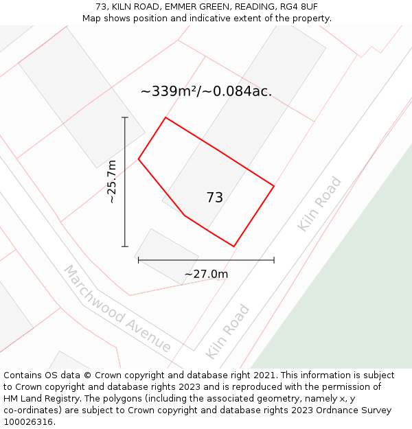 73, KILN ROAD, EMMER GREEN, READING, RG4 8UF: Plot and title map