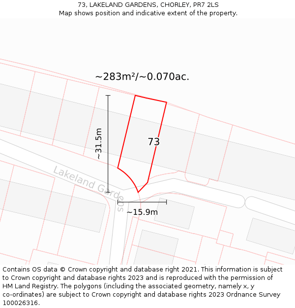 73, LAKELAND GARDENS, CHORLEY, PR7 2LS: Plot and title map