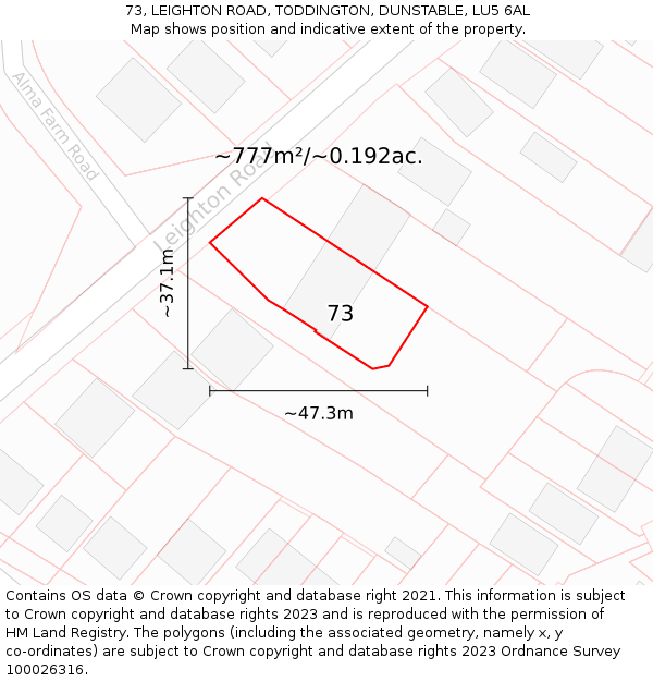 73, LEIGHTON ROAD, TODDINGTON, DUNSTABLE, LU5 6AL: Plot and title map
