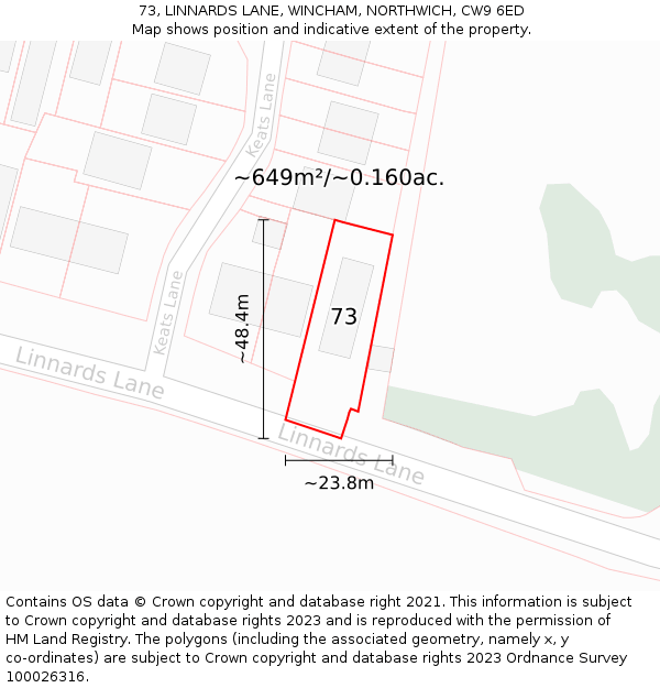 73, LINNARDS LANE, WINCHAM, NORTHWICH, CW9 6ED: Plot and title map