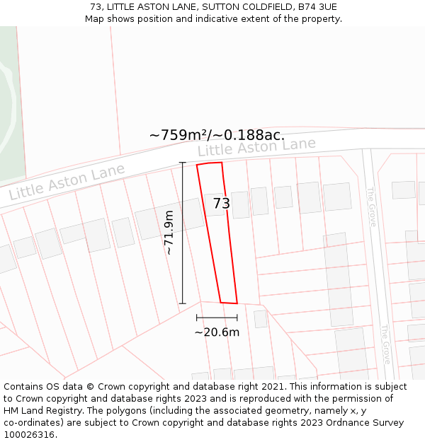 73, LITTLE ASTON LANE, SUTTON COLDFIELD, B74 3UE: Plot and title map
