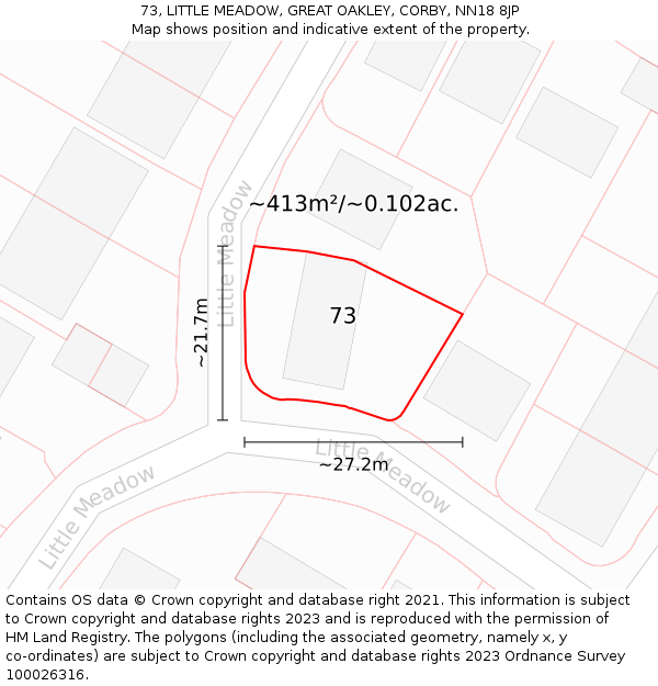 73, LITTLE MEADOW, GREAT OAKLEY, CORBY, NN18 8JP: Plot and title map