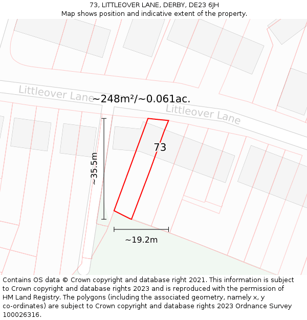 73, LITTLEOVER LANE, DERBY, DE23 6JH: Plot and title map