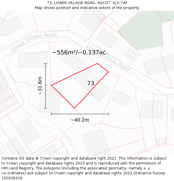 73, LOWER VILLAGE ROAD, ASCOT, SL5 7AF: Plot and title map