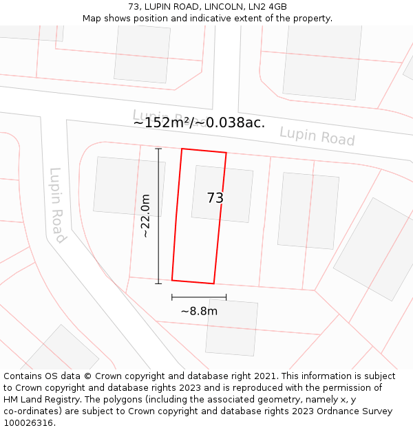 73, LUPIN ROAD, LINCOLN, LN2 4GB: Plot and title map