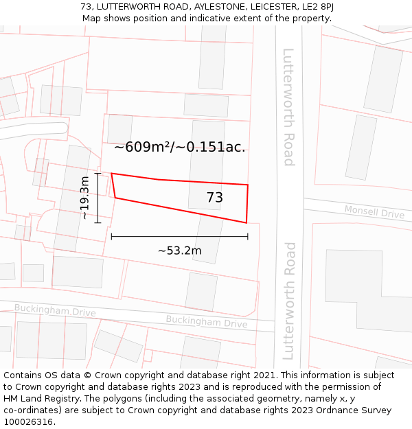 73, LUTTERWORTH ROAD, AYLESTONE, LEICESTER, LE2 8PJ: Plot and title map
