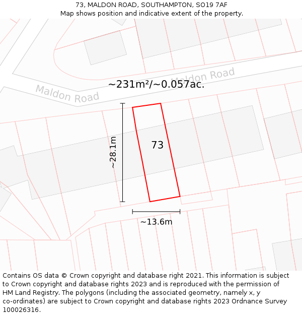 73, MALDON ROAD, SOUTHAMPTON, SO19 7AF: Plot and title map