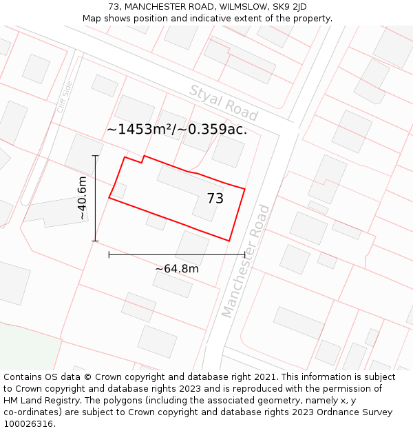 73, MANCHESTER ROAD, WILMSLOW, SK9 2JD: Plot and title map