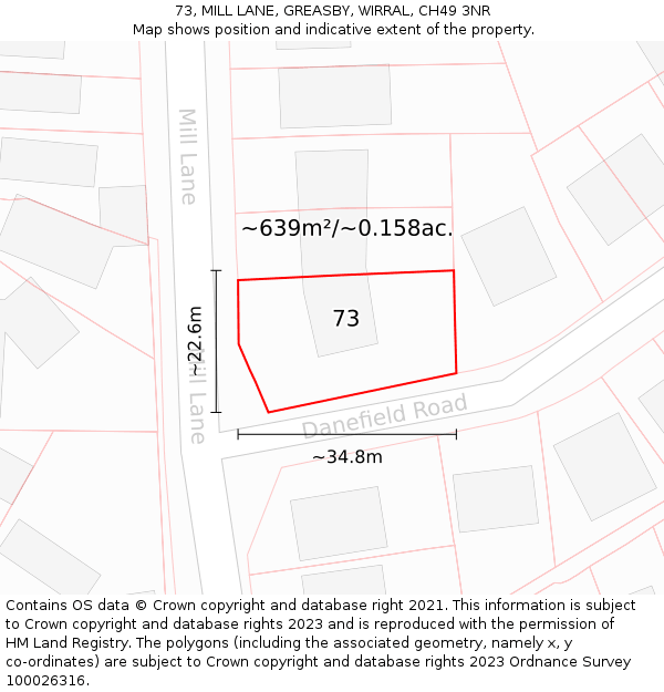 73, MILL LANE, GREASBY, WIRRAL, CH49 3NR: Plot and title map