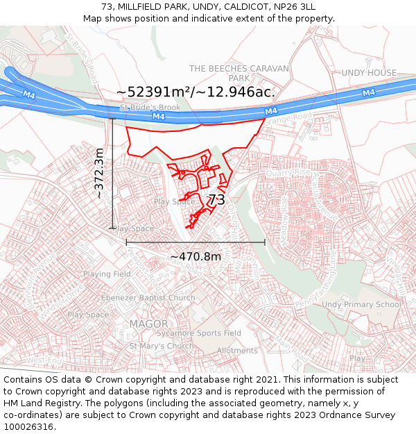 73, MILLFIELD PARK, UNDY, CALDICOT, NP26 3LL: Plot and title map