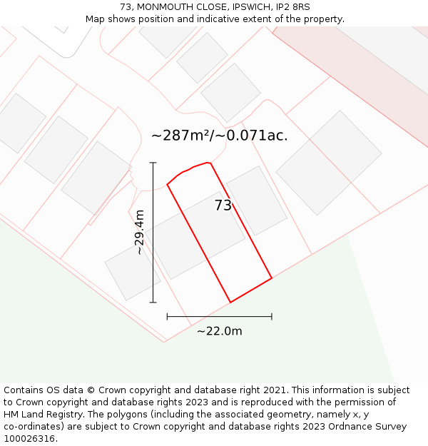 73, MONMOUTH CLOSE, IPSWICH, IP2 8RS: Plot and title map