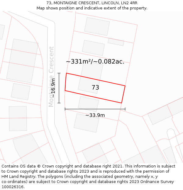 73, MONTAIGNE CRESCENT, LINCOLN, LN2 4RR: Plot and title map