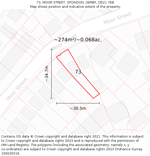 73, MOOR STREET, SPONDON, DERBY, DE21 7EB: Plot and title map