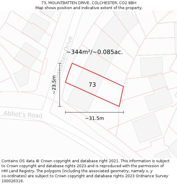 73, MOUNTBATTEN DRIVE, COLCHESTER, CO2 8BH: Plot and title map