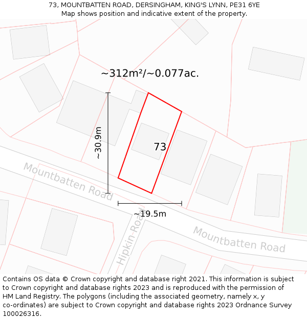 73, MOUNTBATTEN ROAD, DERSINGHAM, KING'S LYNN, PE31 6YE: Plot and title map