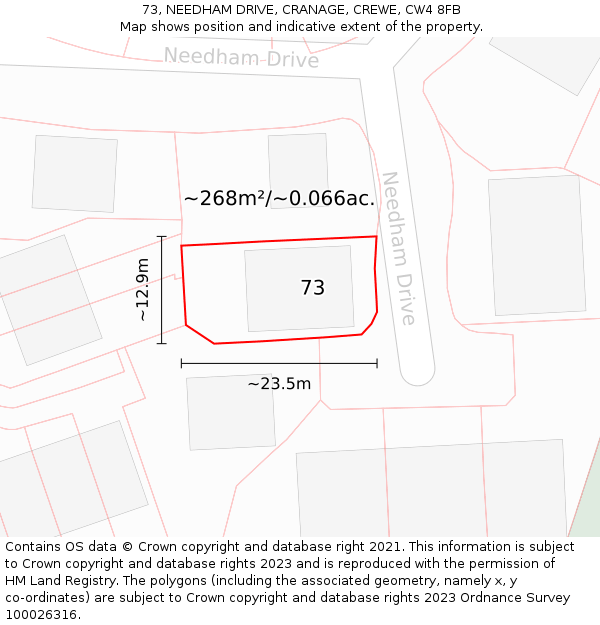 73, NEEDHAM DRIVE, CRANAGE, CREWE, CW4 8FB: Plot and title map