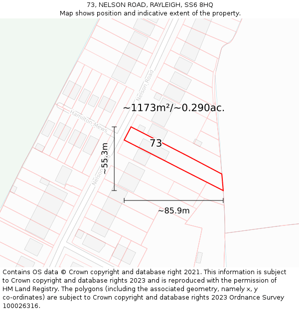 73, NELSON ROAD, RAYLEIGH, SS6 8HQ: Plot and title map