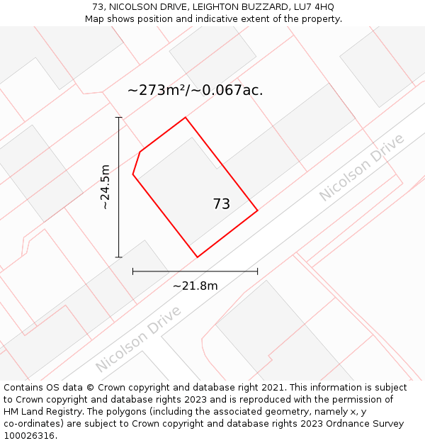 73, NICOLSON DRIVE, LEIGHTON BUZZARD, LU7 4HQ: Plot and title map