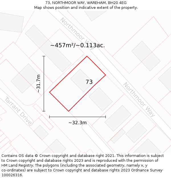 73, NORTHMOOR WAY, WAREHAM, BH20 4EG: Plot and title map