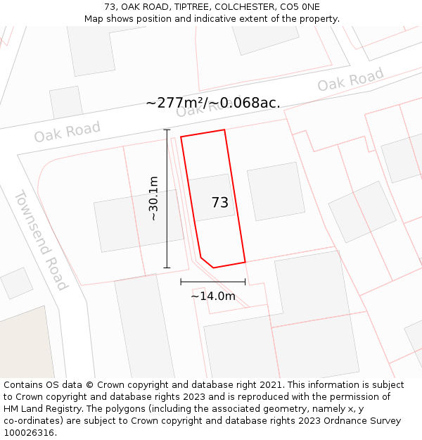 73, OAK ROAD, TIPTREE, COLCHESTER, CO5 0NE: Plot and title map