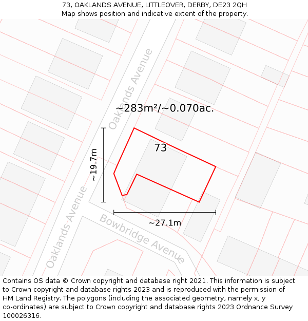73, OAKLANDS AVENUE, LITTLEOVER, DERBY, DE23 2QH: Plot and title map