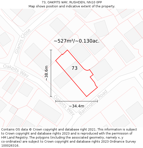 73, OAKPITS WAY, RUSHDEN, NN10 0PP: Plot and title map