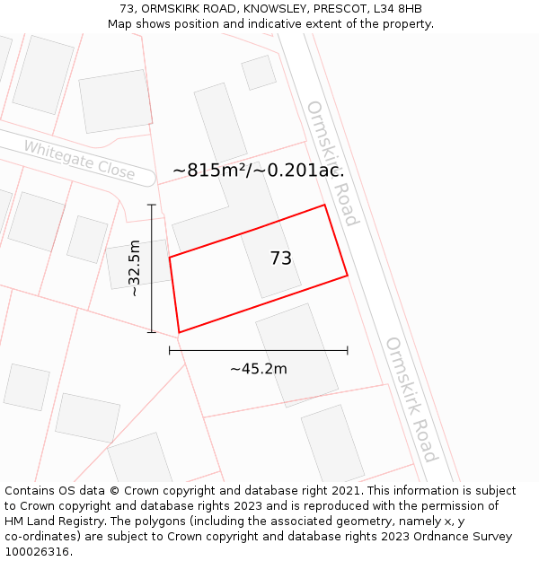 73, ORMSKIRK ROAD, KNOWSLEY, PRESCOT, L34 8HB: Plot and title map
