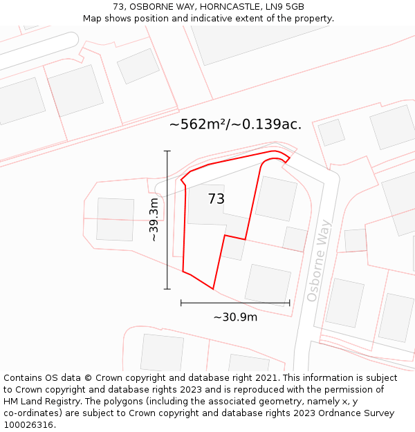73, OSBORNE WAY, HORNCASTLE, LN9 5GB: Plot and title map