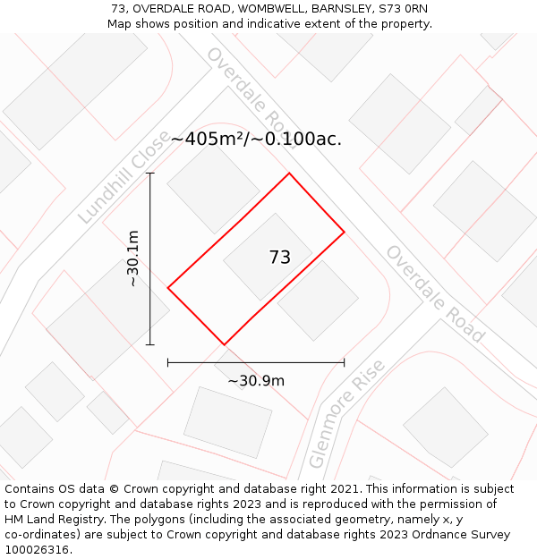 73, OVERDALE ROAD, WOMBWELL, BARNSLEY, S73 0RN: Plot and title map