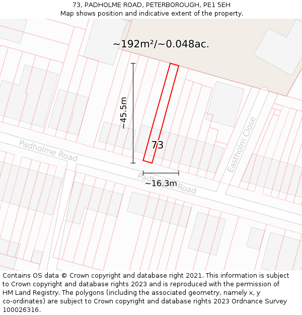 73, PADHOLME ROAD, PETERBOROUGH, PE1 5EH: Plot and title map