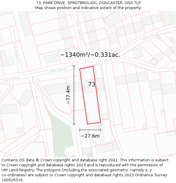 73, PARK DRIVE, SPROTBROUGH, DONCASTER, DN5 7LP: Plot and title map