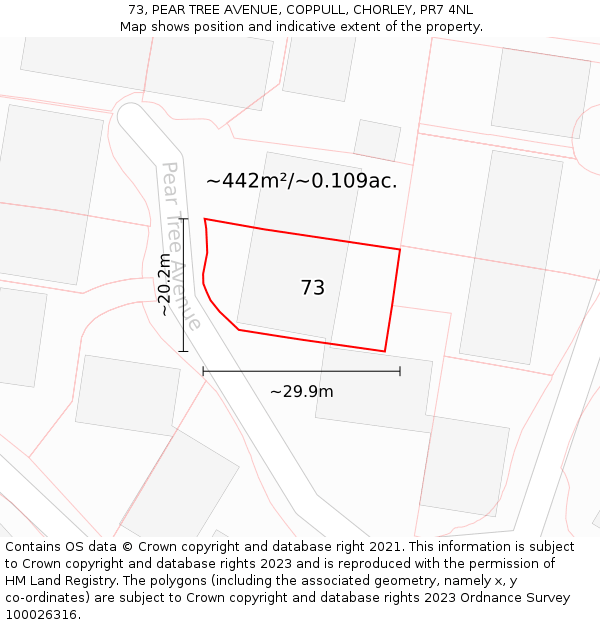 73, PEAR TREE AVENUE, COPPULL, CHORLEY, PR7 4NL: Plot and title map