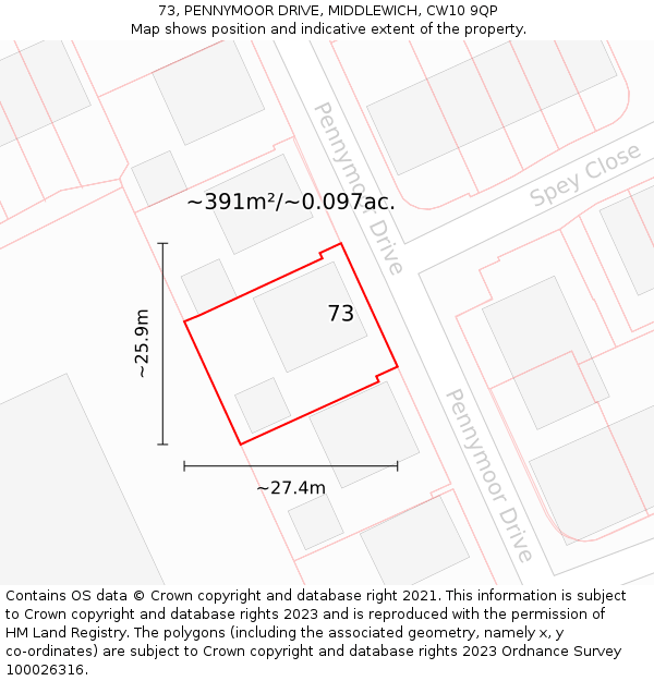 73, PENNYMOOR DRIVE, MIDDLEWICH, CW10 9QP: Plot and title map