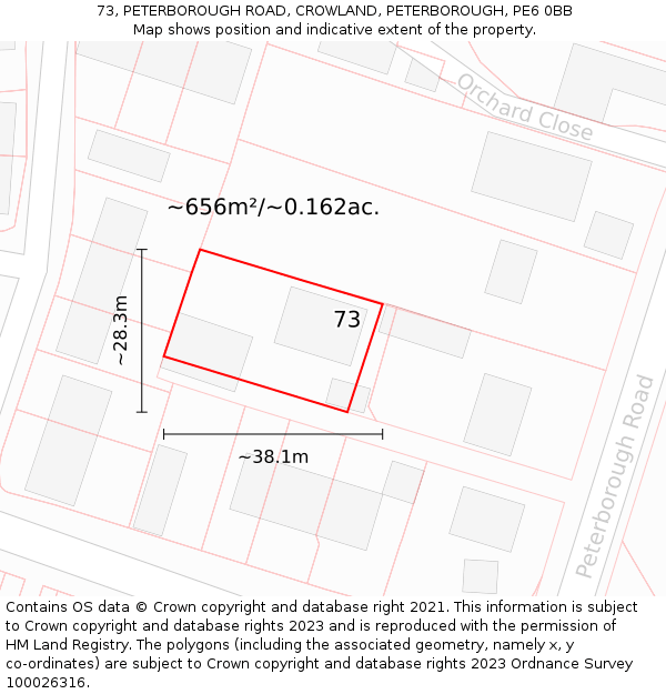 73, PETERBOROUGH ROAD, CROWLAND, PETERBOROUGH, PE6 0BB: Plot and title map