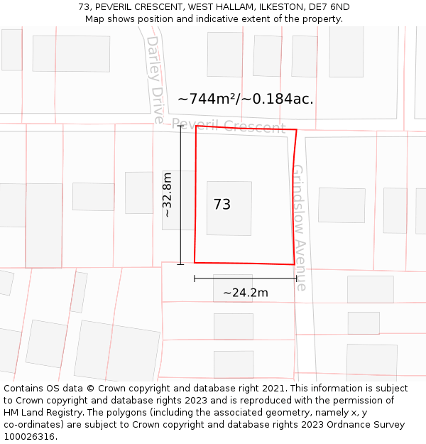 73, PEVERIL CRESCENT, WEST HALLAM, ILKESTON, DE7 6ND: Plot and title map