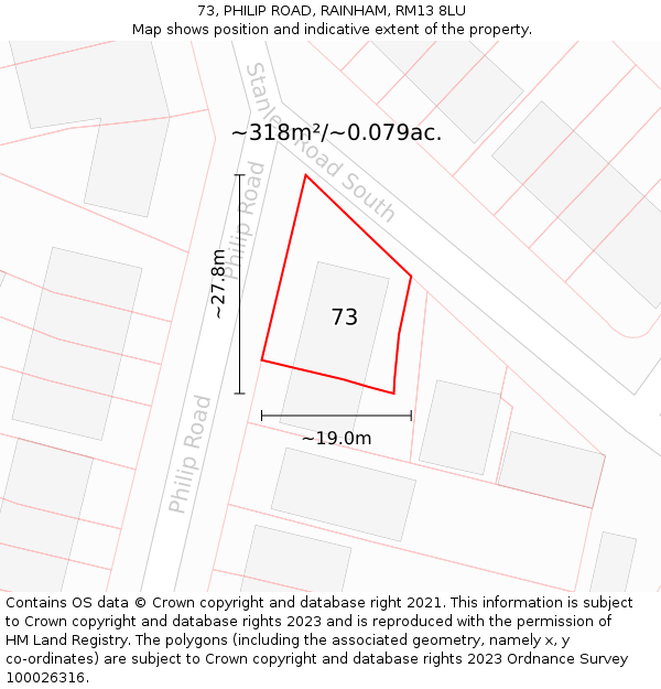 73, PHILIP ROAD, RAINHAM, RM13 8LU: Plot and title map