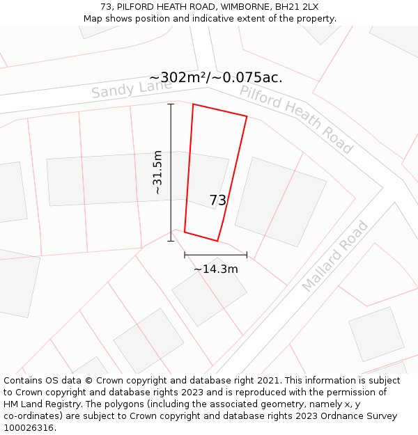 73, PILFORD HEATH ROAD, WIMBORNE, BH21 2LX: Plot and title map