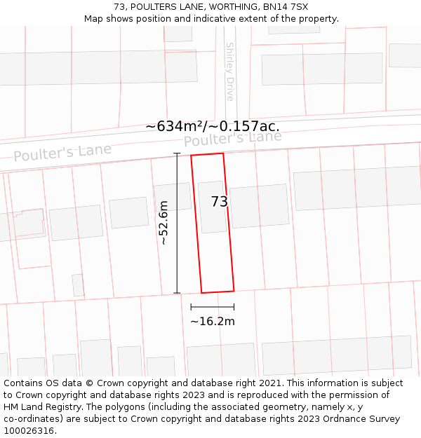 73, POULTERS LANE, WORTHING, BN14 7SX: Plot and title map